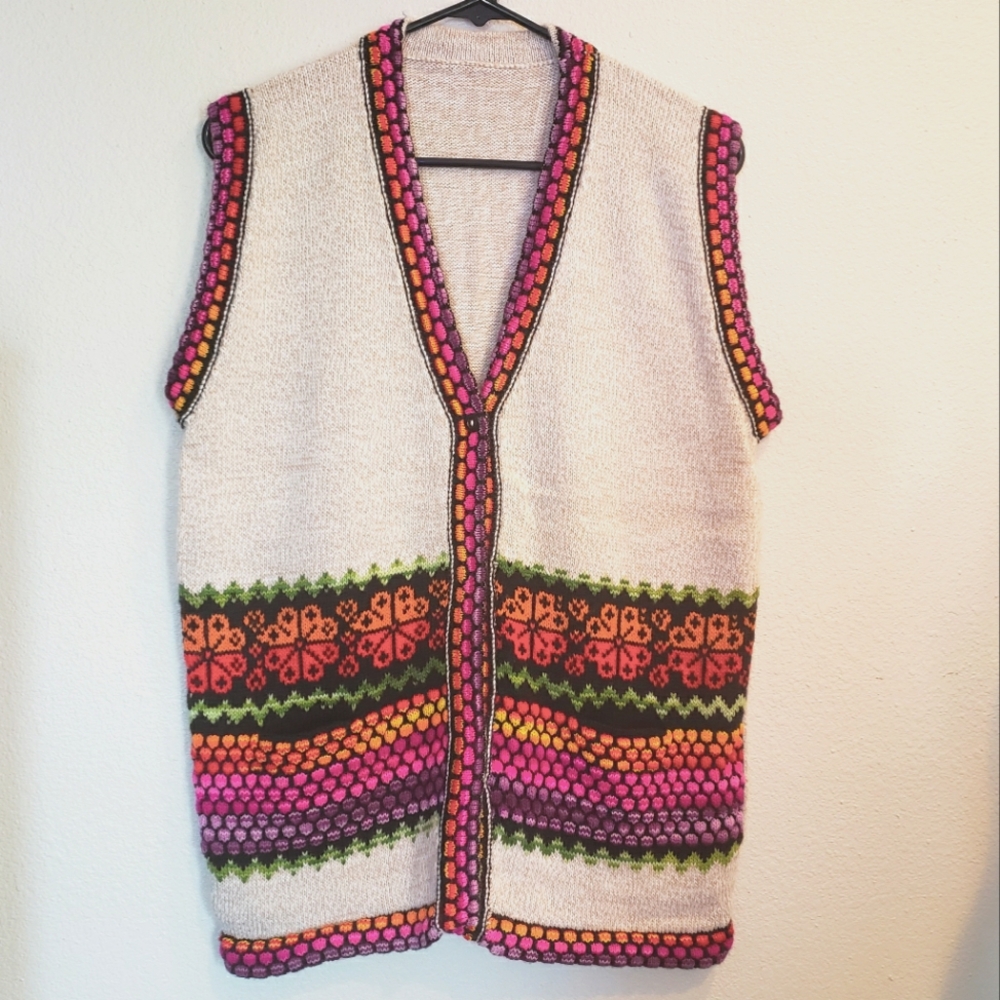 Stunning handmade knit rainbow sweater vest sleeveless cardigan women's M/L